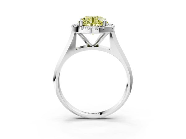 White gold Fancy Yellow Round  Cut Halo Solitaire Engagement Ring with Square Band and Four-Prong Setting
