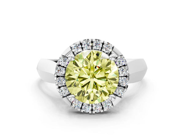 White gold Fancy Yellow Round  Cut Halo Solitaire Engagement Ring with Square Band and Four-Prong Setting