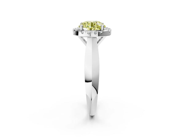 White gold Fancy Yellow Round  Cut Halo Solitaire Engagement Ring with Square Band and Four-Prong Setting