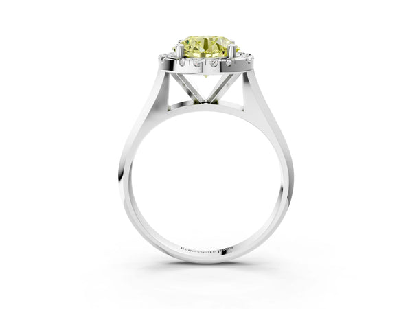 White gold Fancy Yellow Round  Cut Halo Solitaire Engagement Ring with Square Band and Four-Prong Setting