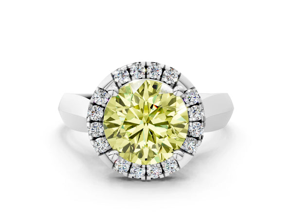 White gold Fancy Yellow Round  Cut Halo Solitaire Engagement Ring with Square Band and Four-Prong Setting