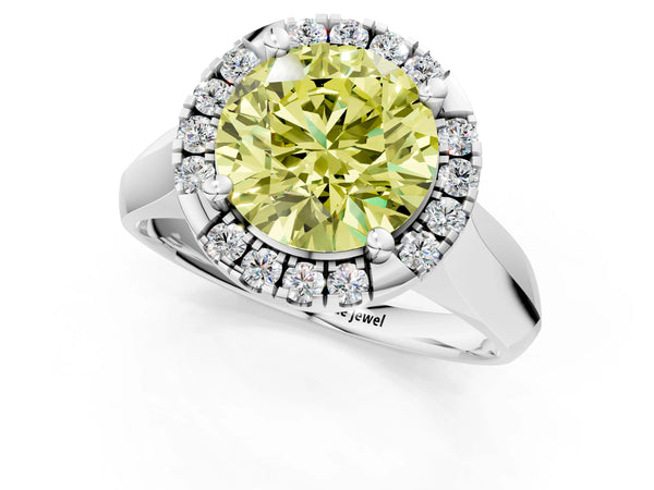 White gold Fancy Yellow Round  Cut Halo Solitaire Engagement Ring with Square Band and Four-Prong Setting