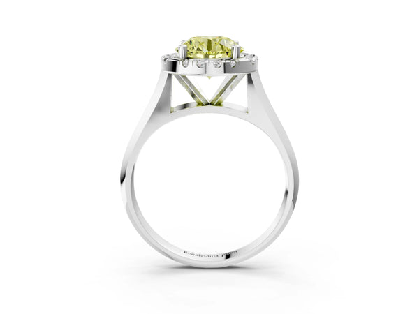 White gold Fancy Yellow Round  Cut Halo Solitaire Engagement Ring with Square Band and Four-Prong Setting
