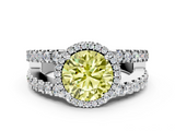 White gold Fancy Yellow Round  Cut Halo Split Shank Diamond Ring with Four-Prong Setting