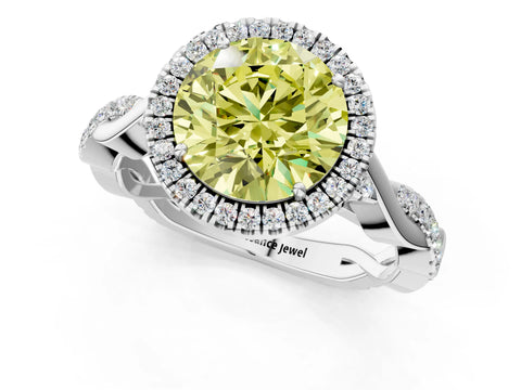 White gold Fancy Yellow Round Cut Halo Twist Band with Four-Prong Setting_1