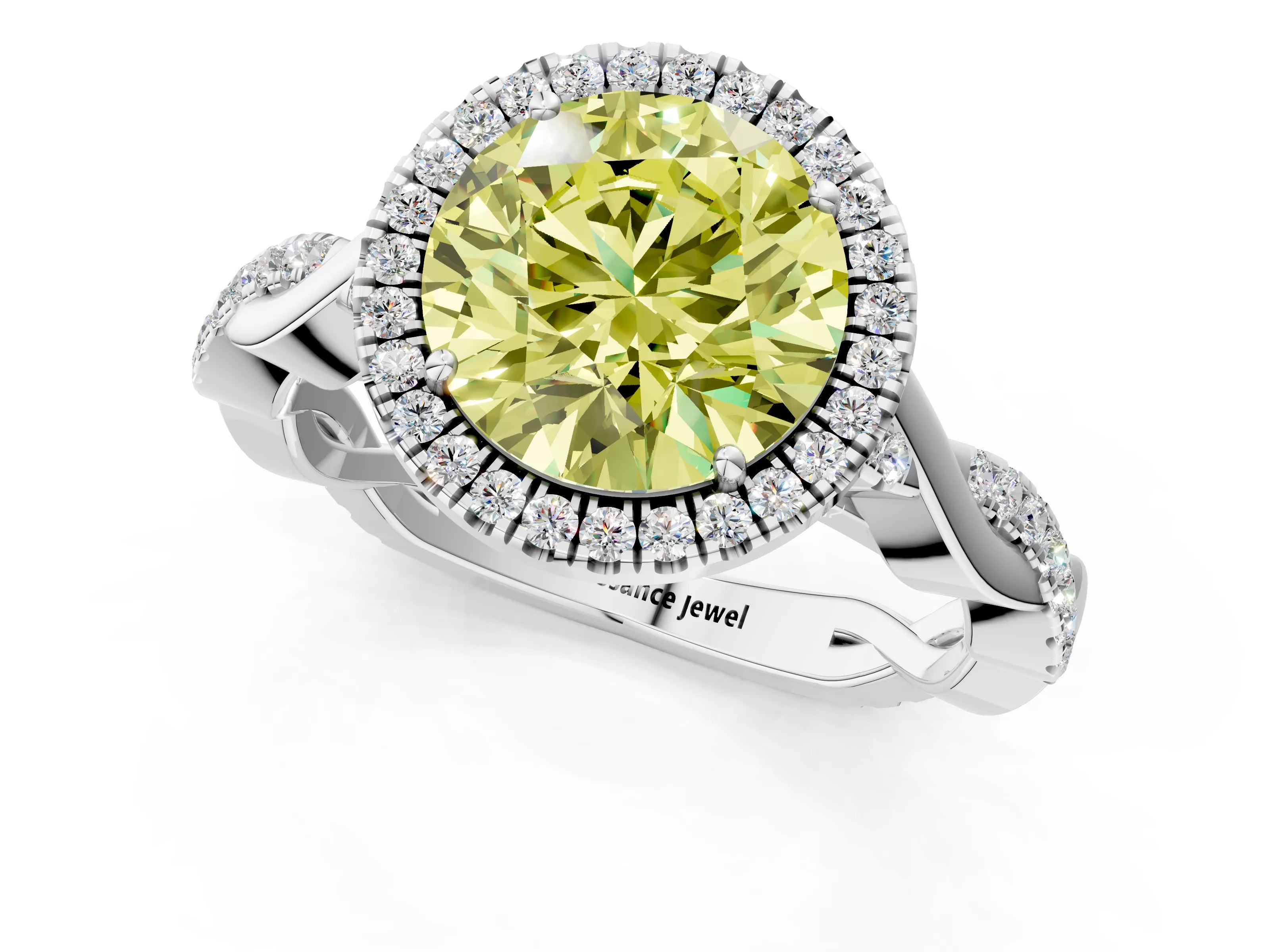 White gold Fancy Yellow Round Cut Halo Twist Band with Four-Prong Setting_1
