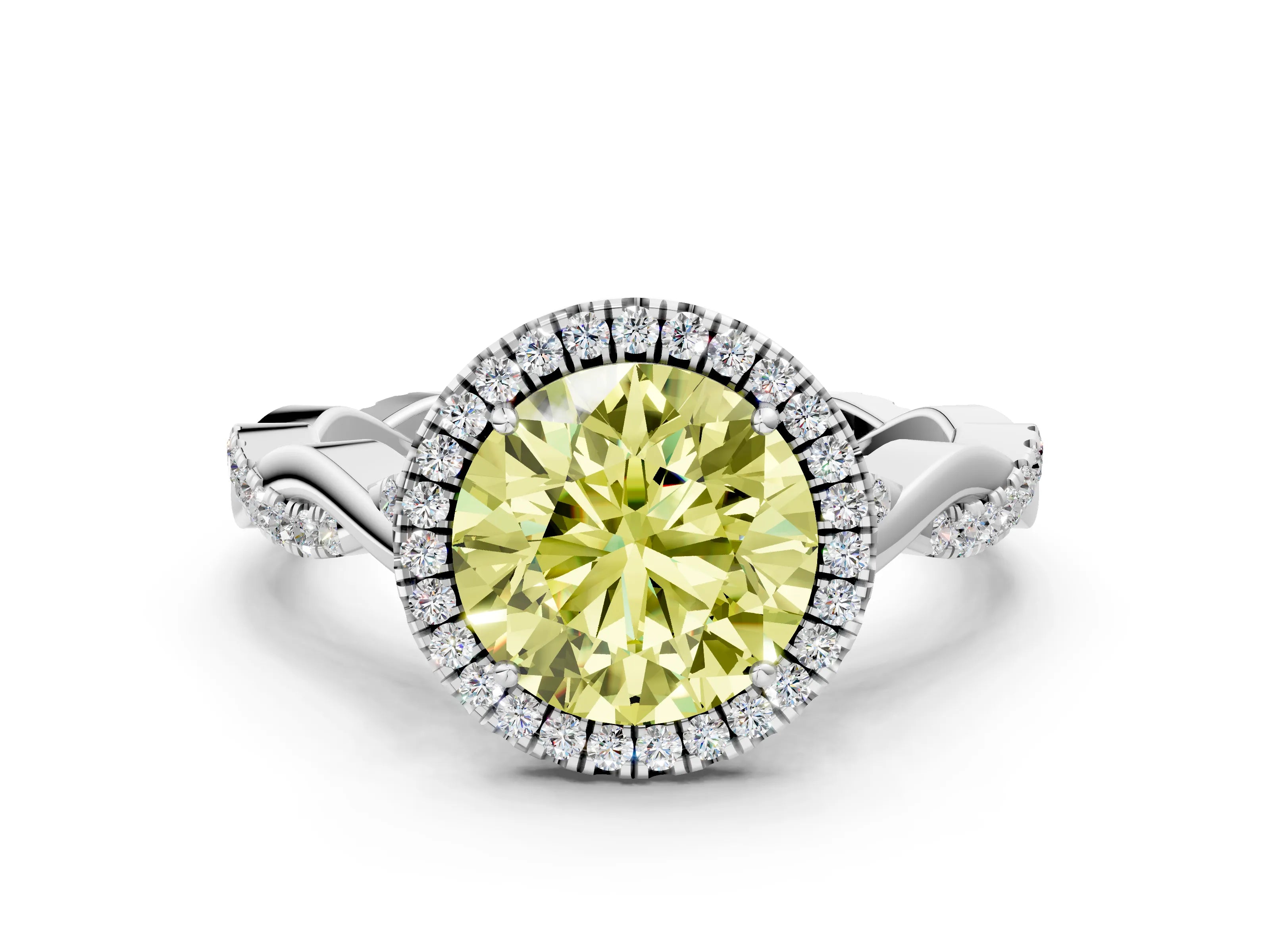 White gold Fancy Yellow Round Cut Halo Twist Band with Four-Prong Setting_72