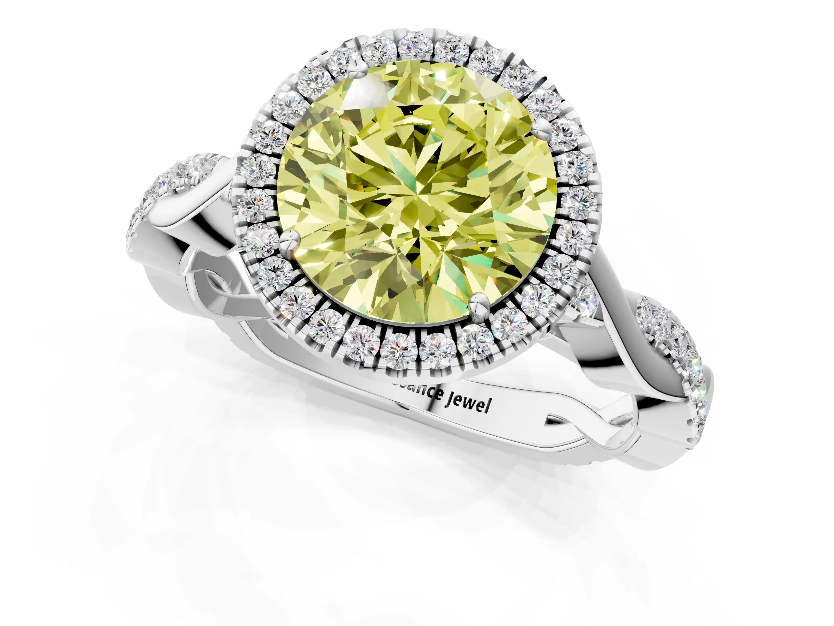 White gold Fancy Yellow Round Cut Halo Twist Band with Four-Prong Setting_73