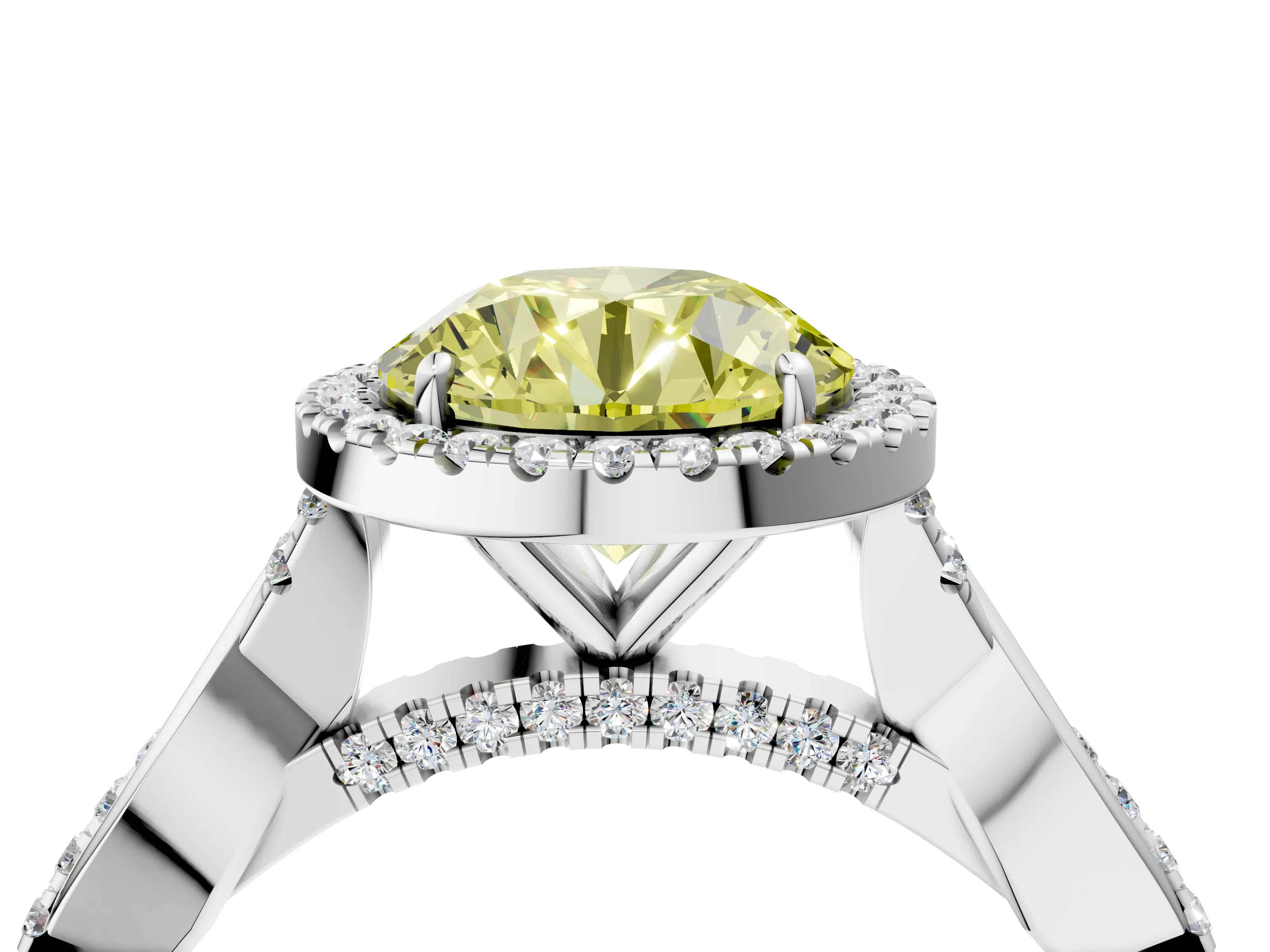 White gold Fancy Yellow Round Cut Halo Twist Band with Four-Prong Setting_76