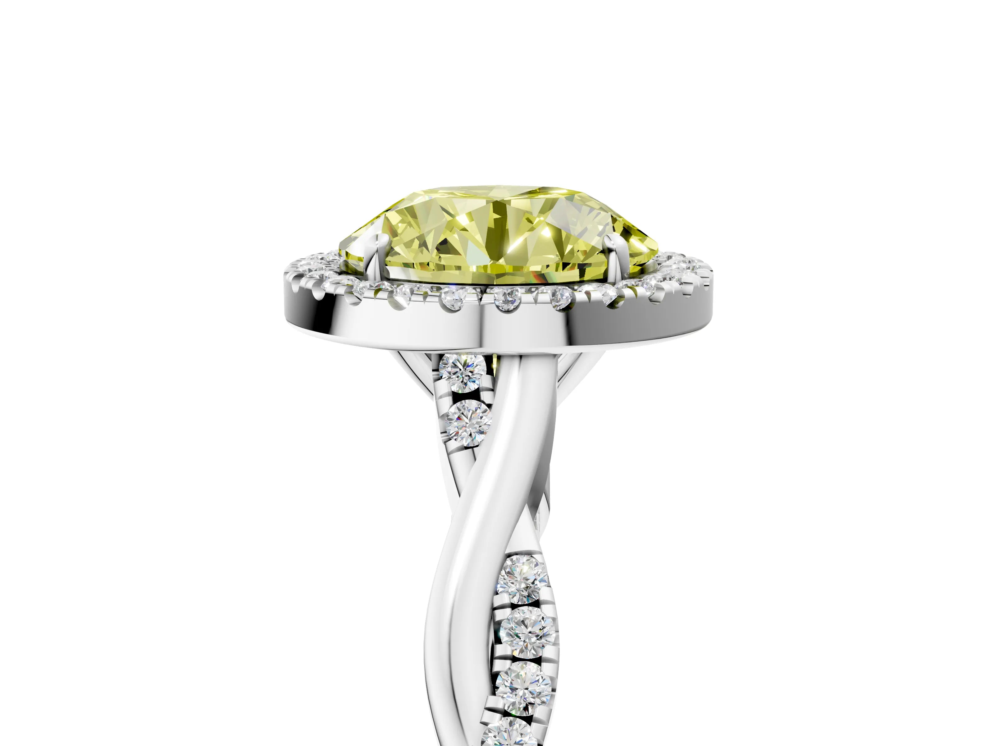 White gold Fancy Yellow Round Cut Halo Twist Band with Four-Prong Setting_77
