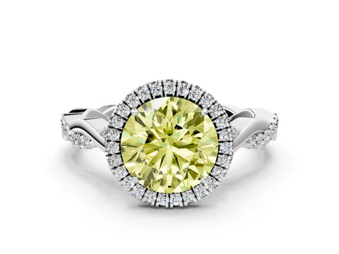 White gold Fancy Yellow Round Cut Halo Twist Band with Four-Prong Setting