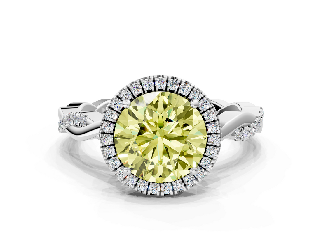 White gold Fancy Yellow Round  Cut Halo Twisted Band Four-Prong Ring