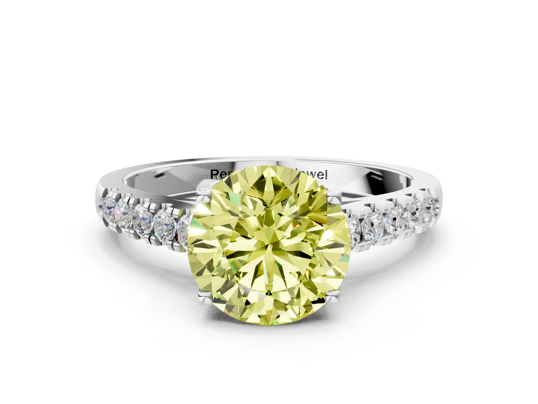 White gold Fancy Yellow Round  Cut Pavé Band Solitaire Ring with Four-Prong Setting_39