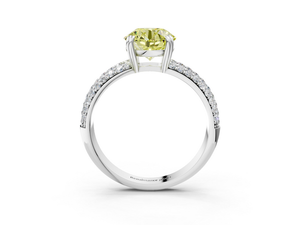 White gold Fancy Yellow Round  Cut Pave Diamond Engagement Ring with Channel Set Band and Four-Prong Setting