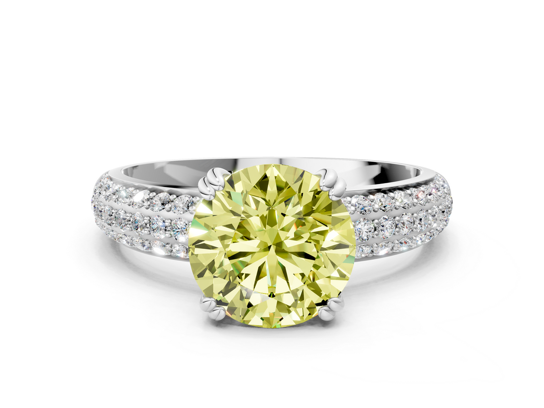 White gold Fancy Yellow Round  Cut Pave Diamond Engagement Ring with Channel Set Band and Four-Prong Setting