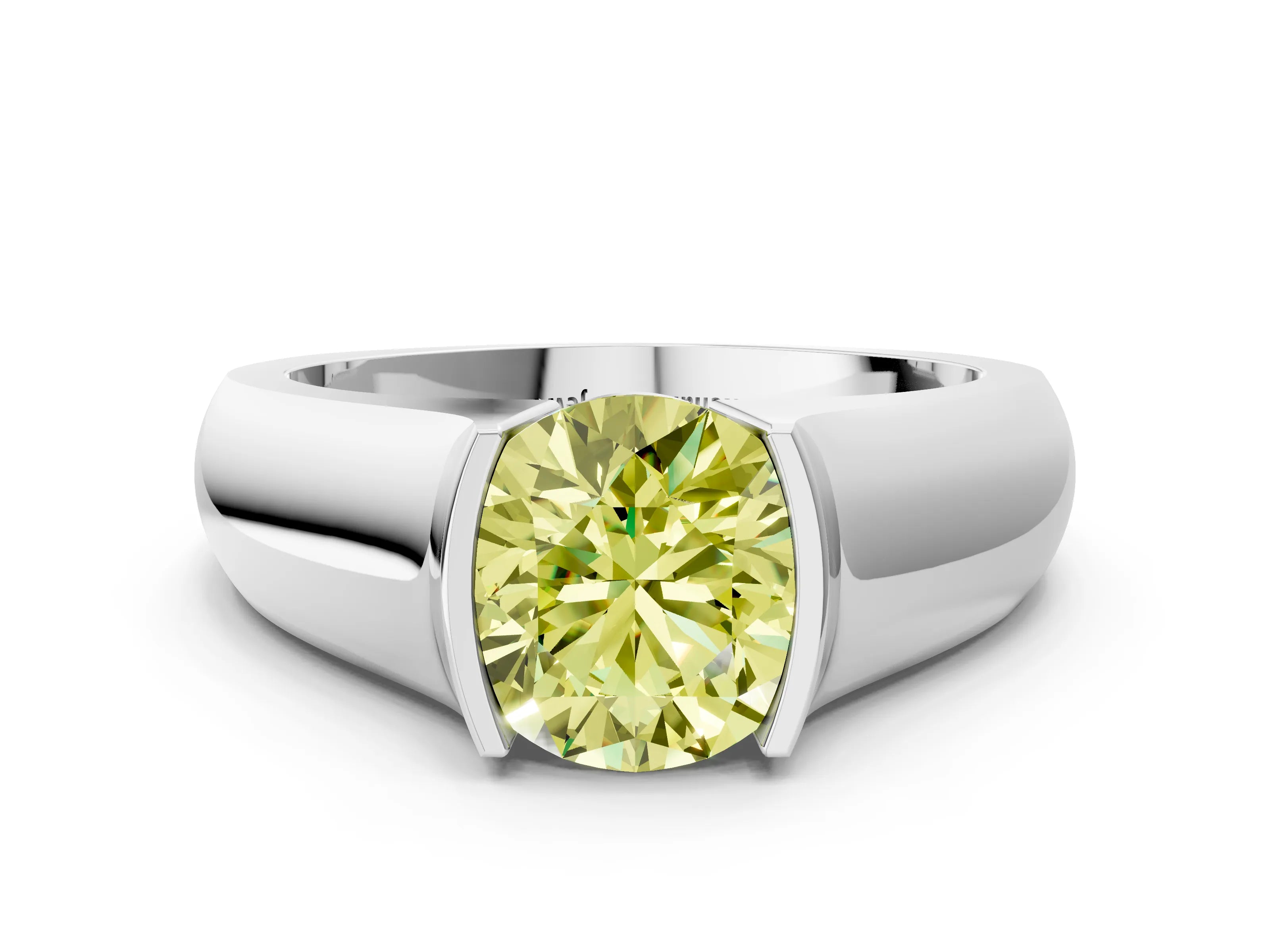 White gold Fancy Yellow Round Cut Solitaire Bezel Set Diamond Ring with Wide Band_12