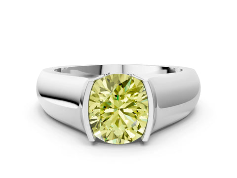 White gold Fancy Yellow Round Cut Solitaire Bezel Set Diamond Ring with Wide Band_12