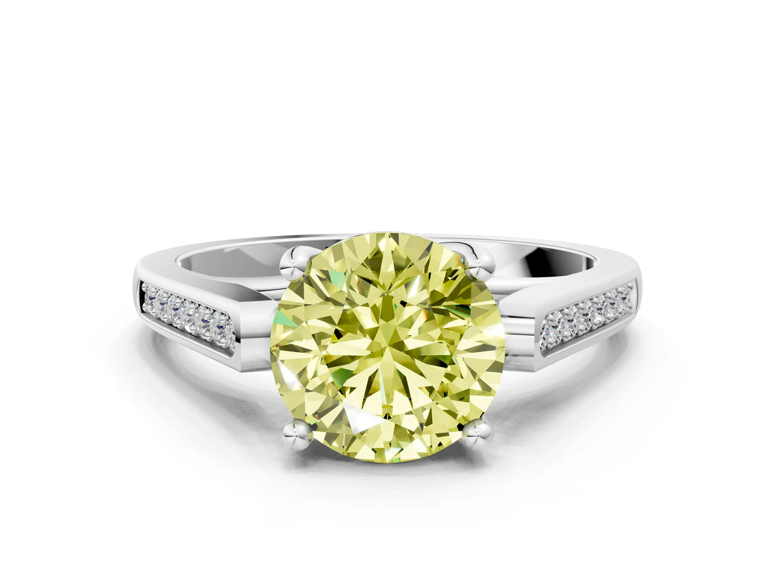 White gold Fancy Yellow Round Cut Solitaire Cathedral Diamond Engagement Ring with Channel-Set Band and Four-Prong Setting_15