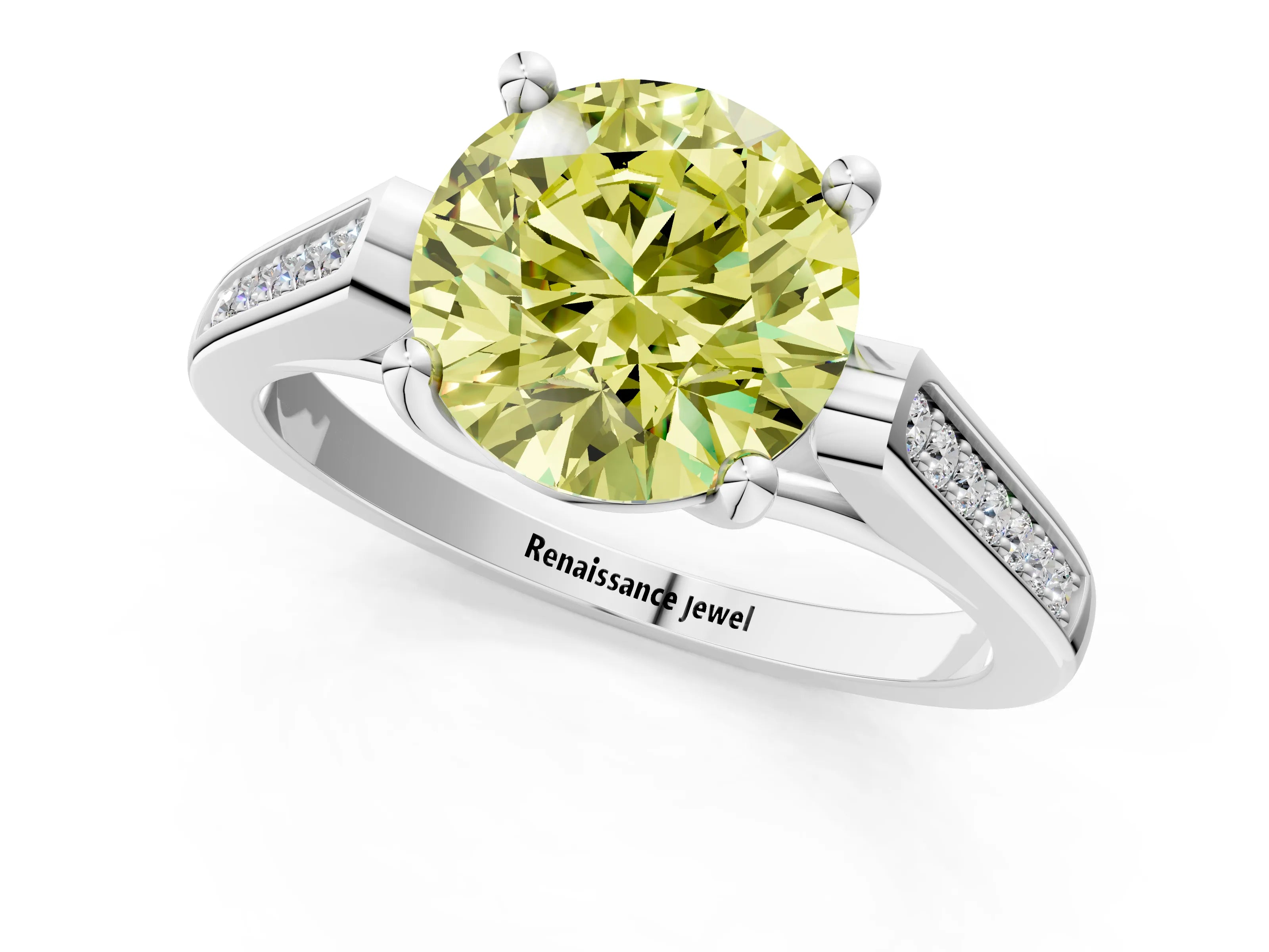 White gold Fancy Yellow Round Cut Solitaire Cathedral Diamond Engagement Ring with Channel-Set Band and Four-Prong Setting_16