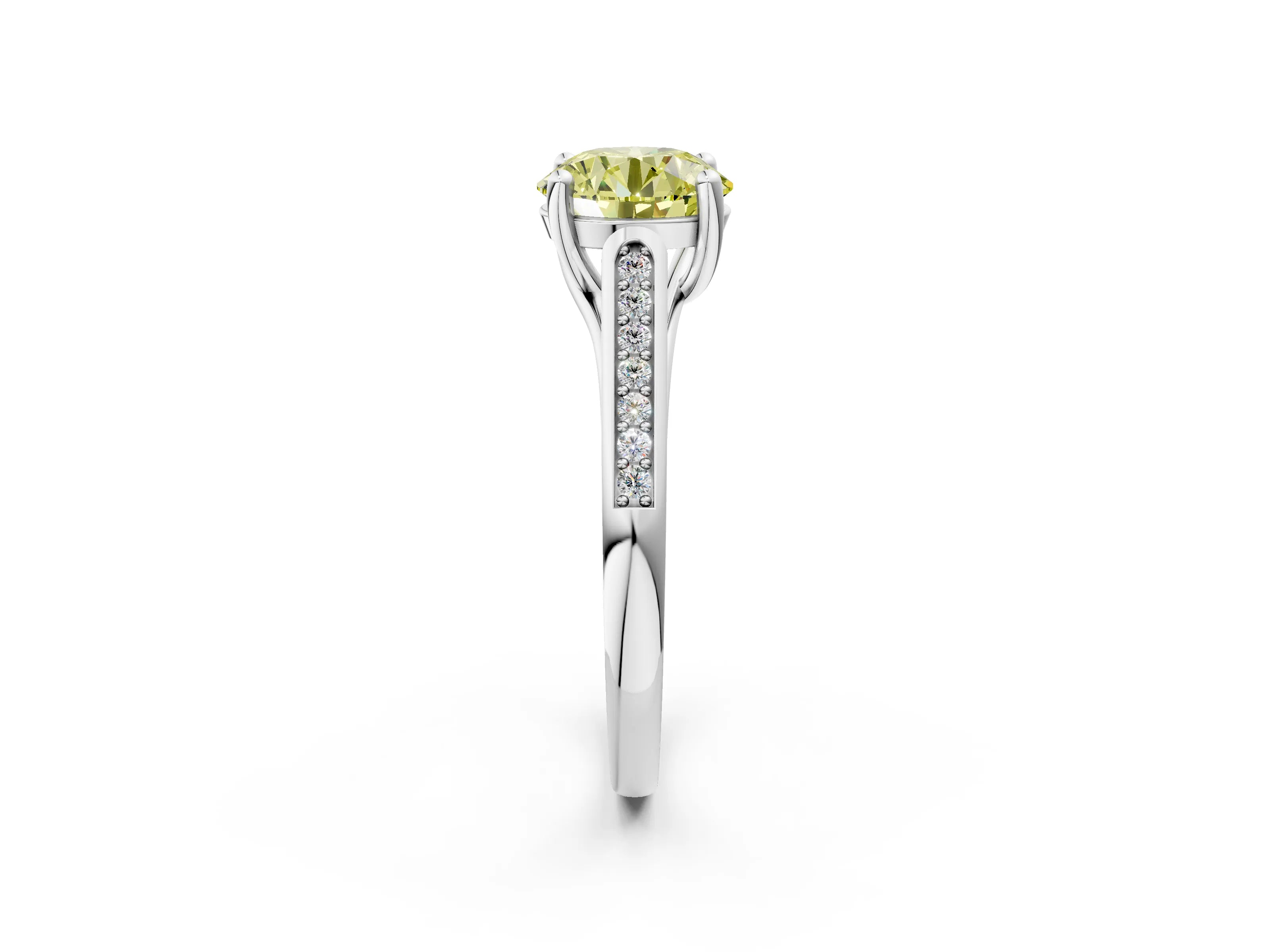 White gold Fancy Yellow Round Cut Solitaire Cathedral Diamond Engagement Ring with Channel-Set Band and Four-Prong Setting_17