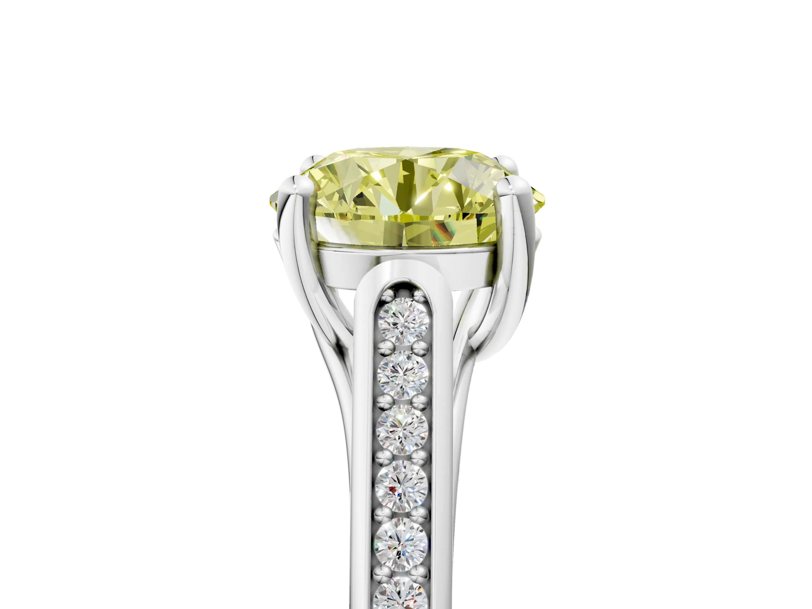White gold Fancy Yellow Round Cut Solitaire Cathedral Diamond Engagement Ring with Channel-Set Band and Four-Prong Setting_20