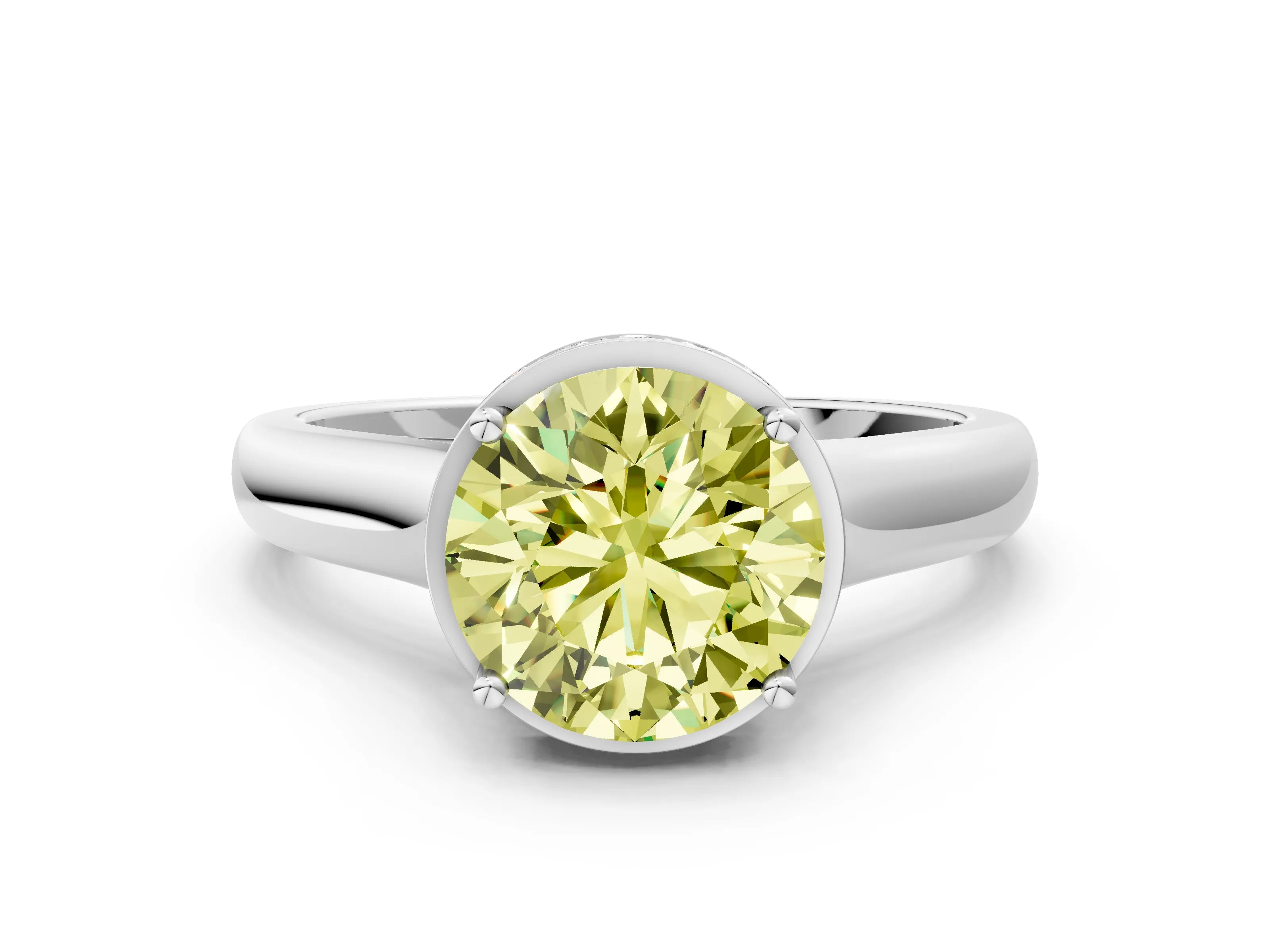 White gold Fancy Yellow Round Cut Solitaire Diamond Engagement Ring with Four-Prong Setting and Tapered Band