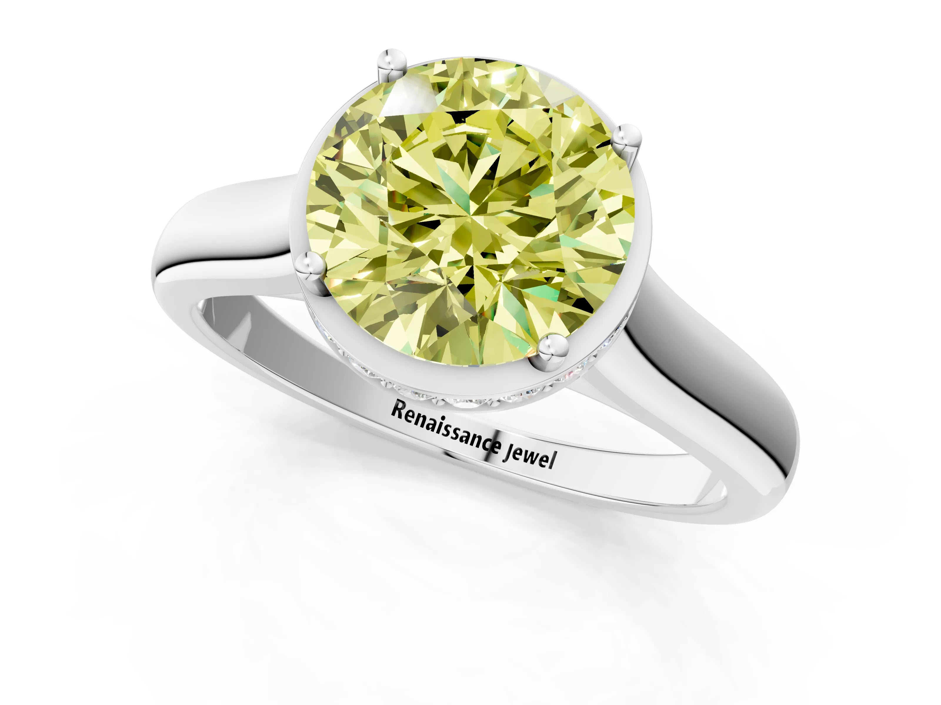 White gold Fancy Yellow Round Cut Solitaire Diamond Engagement Ring with Four-Prong Setting and Tapered Band_1