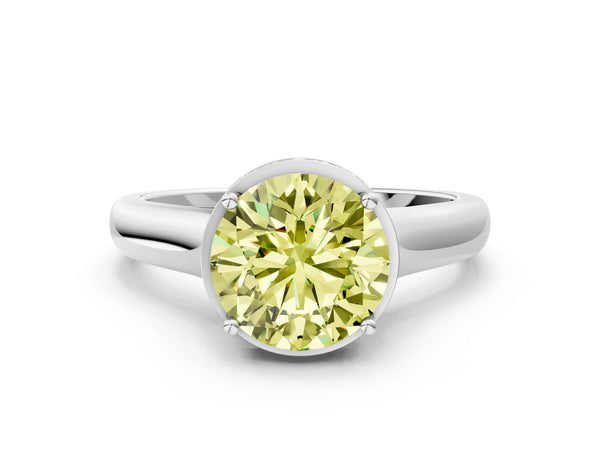 White gold Fancy Yellow Round Cut Solitaire Diamond Engagement Ring with Four-Prong Setting and Tapered Band