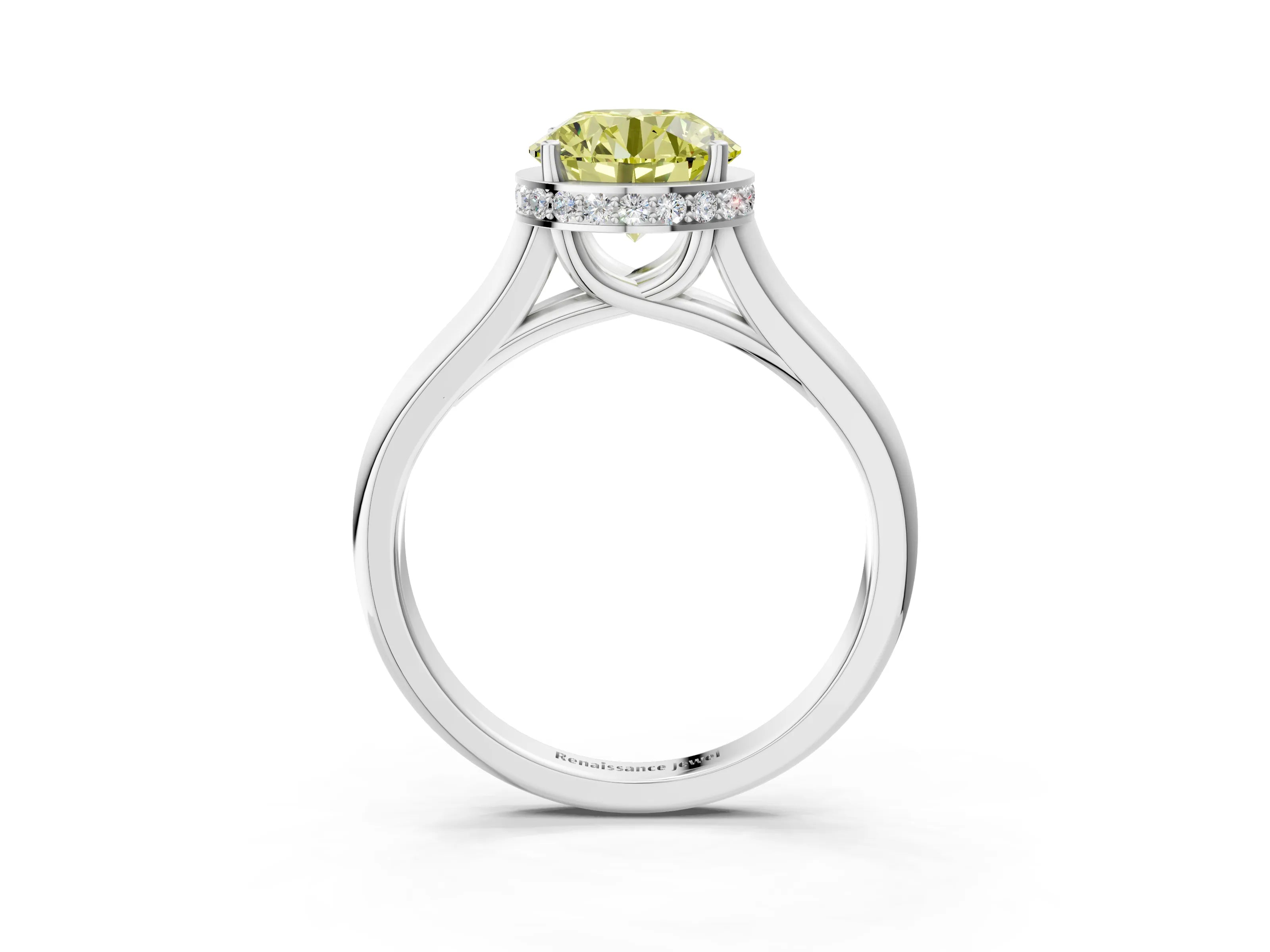 White gold Fancy Yellow Round Cut Solitaire Diamond Engagement Ring with Four-Prong Setting and Tapered Band_3