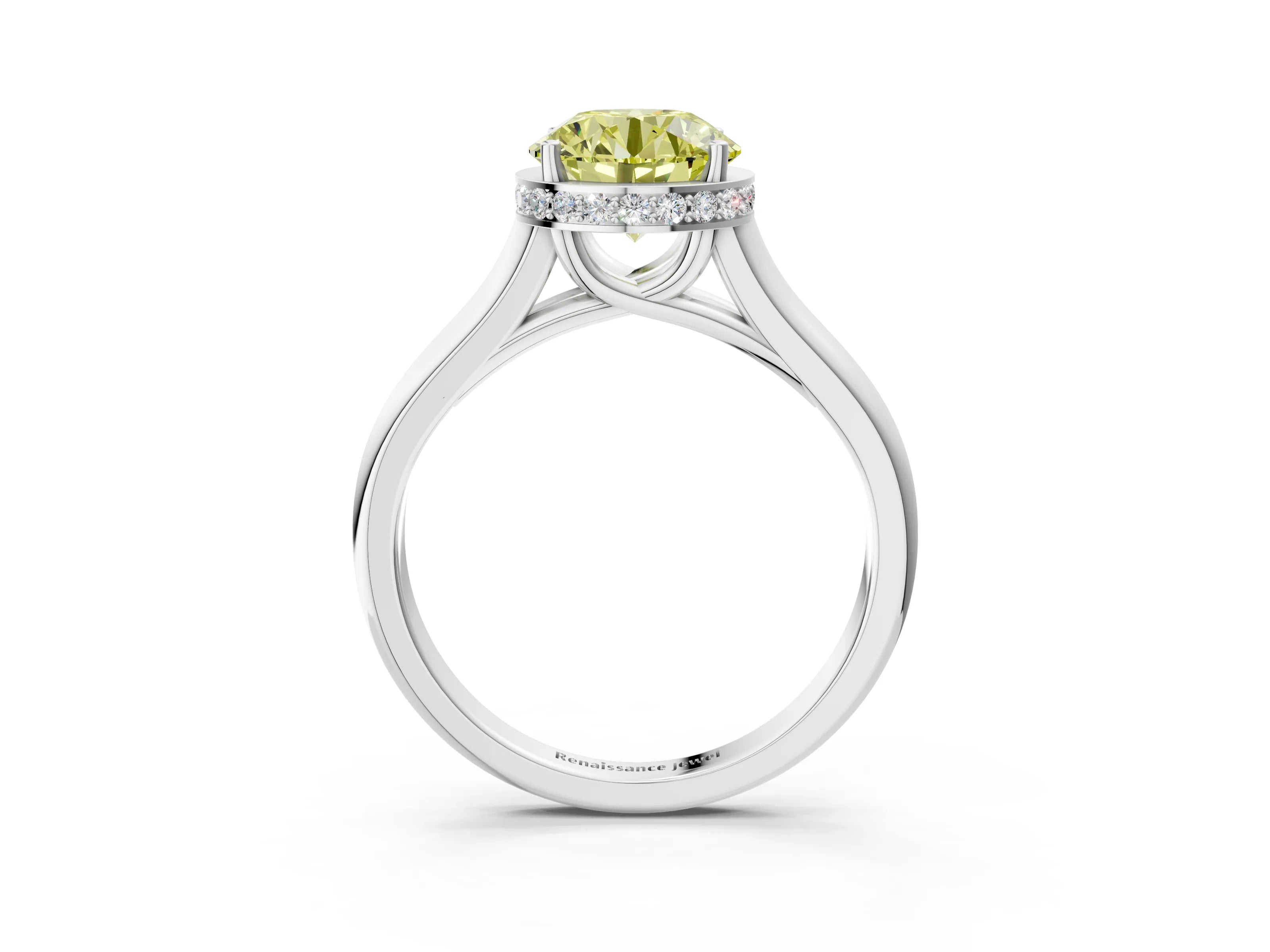 White gold Fancy Yellow Round Cut Solitaire Diamond Engagement Ring with Four-Prong Setting and Tapered Band_3