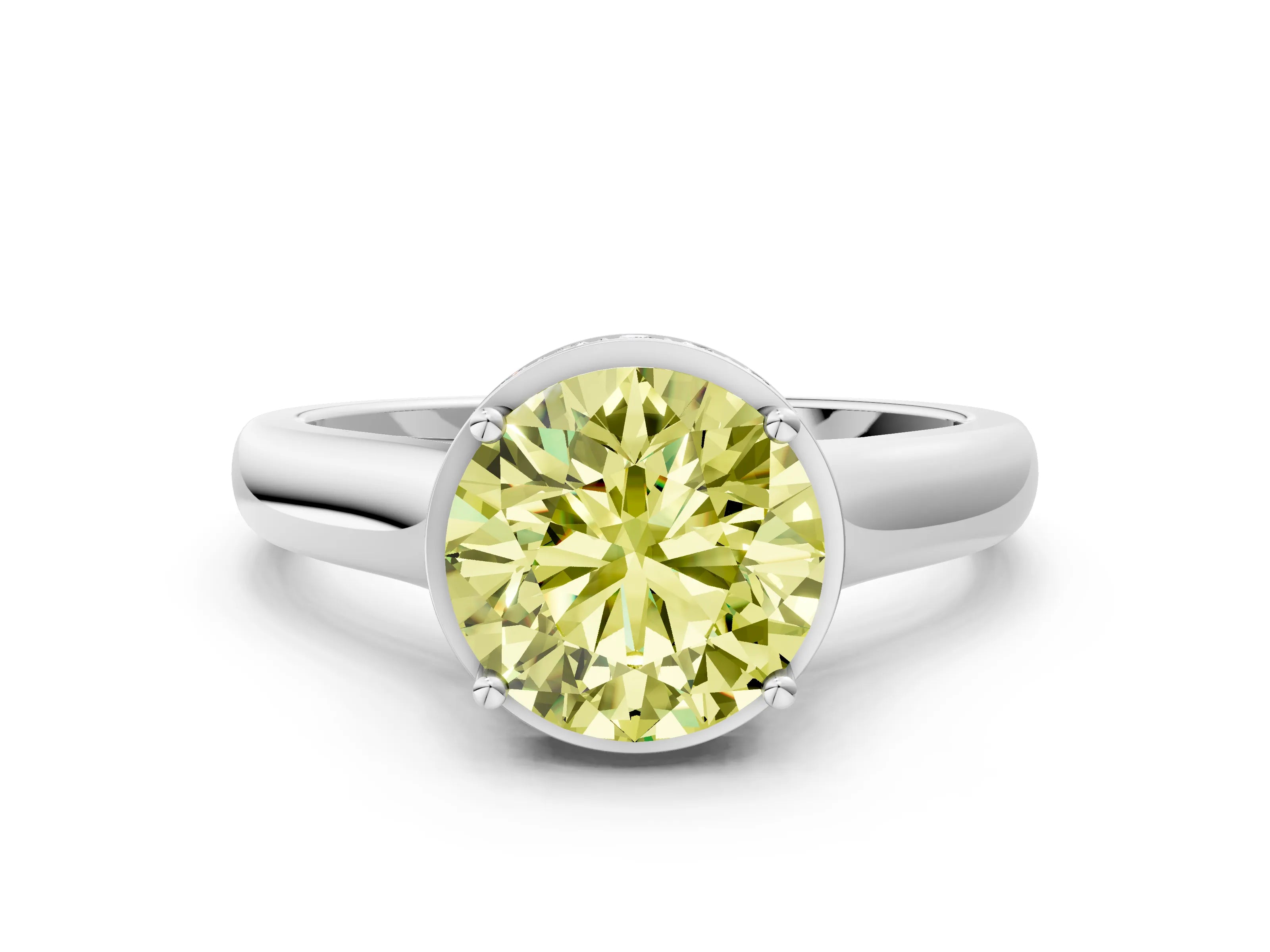 White gold Fancy Yellow Round Cut Solitaire Diamond Engagement Ring with Four-Prong Setting and Tapered Band
