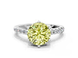 White gold Fancy Yellow Round Cut Solitaire Diamond Engagement Ring with Pavé Band and Six-Prong Setting