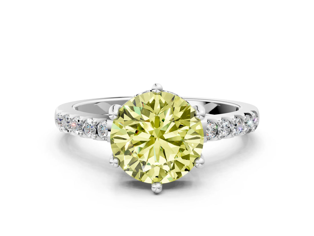 White gold Fancy Yellow Round Cut Solitaire Diamond Engagement Ring with Pavé Band and Six-Prong Setting_12