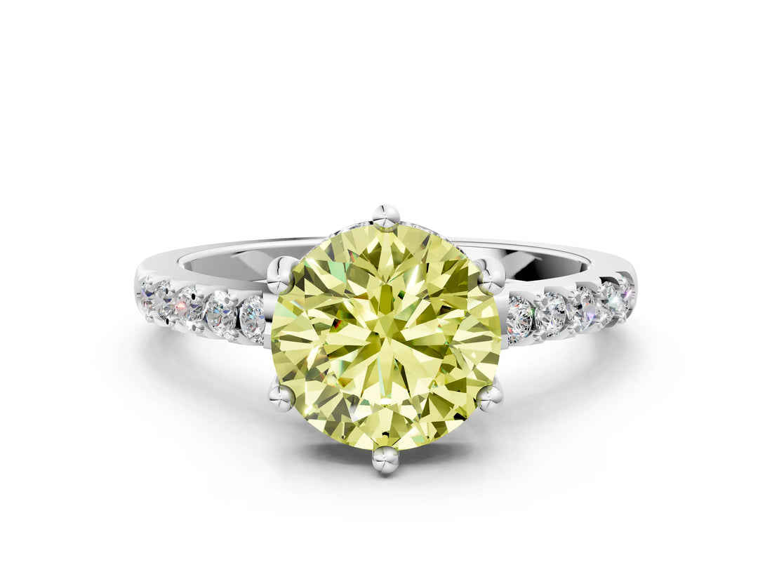 White gold Fancy Yellow Round Cut Solitaire Diamond Engagement Ring with Pavé Band and Six-Prong Setting_14