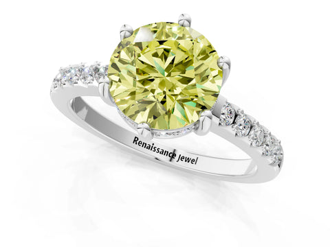 White gold Fancy Yellow Round Cut Solitaire Diamond Engagement Ring with Pavé Band and Six-Prong Setting_1