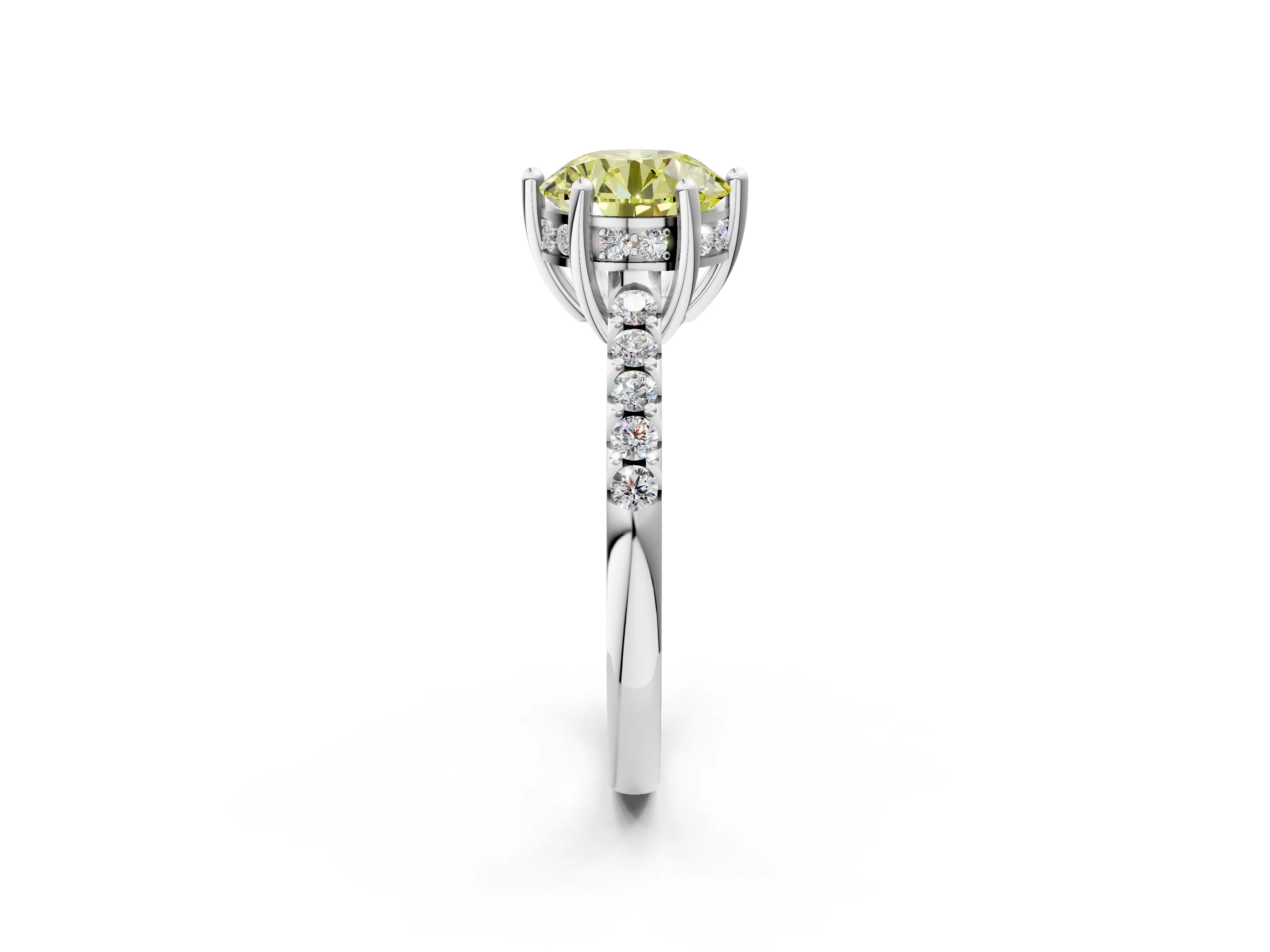 White gold Fancy Yellow Round Cut Solitaire Diamond Engagement Ring with Pavé Band and Six-Prong Setting_2