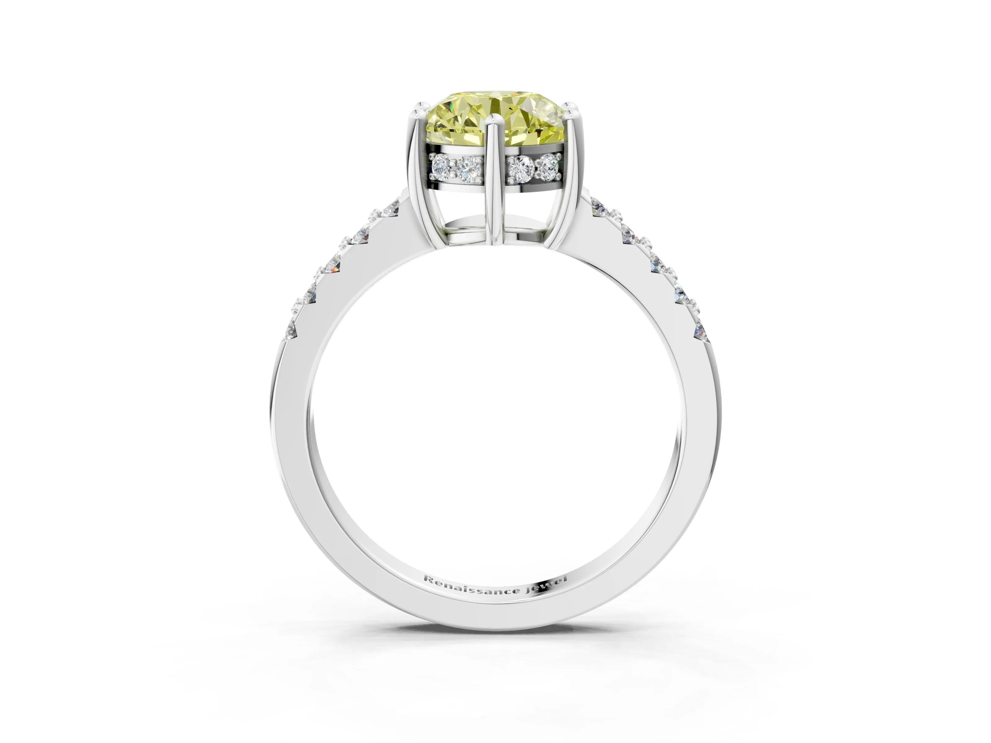 White gold Fancy Yellow Round Cut Solitaire Diamond Engagement Ring with Pavé Band and Six-Prong Setting_3