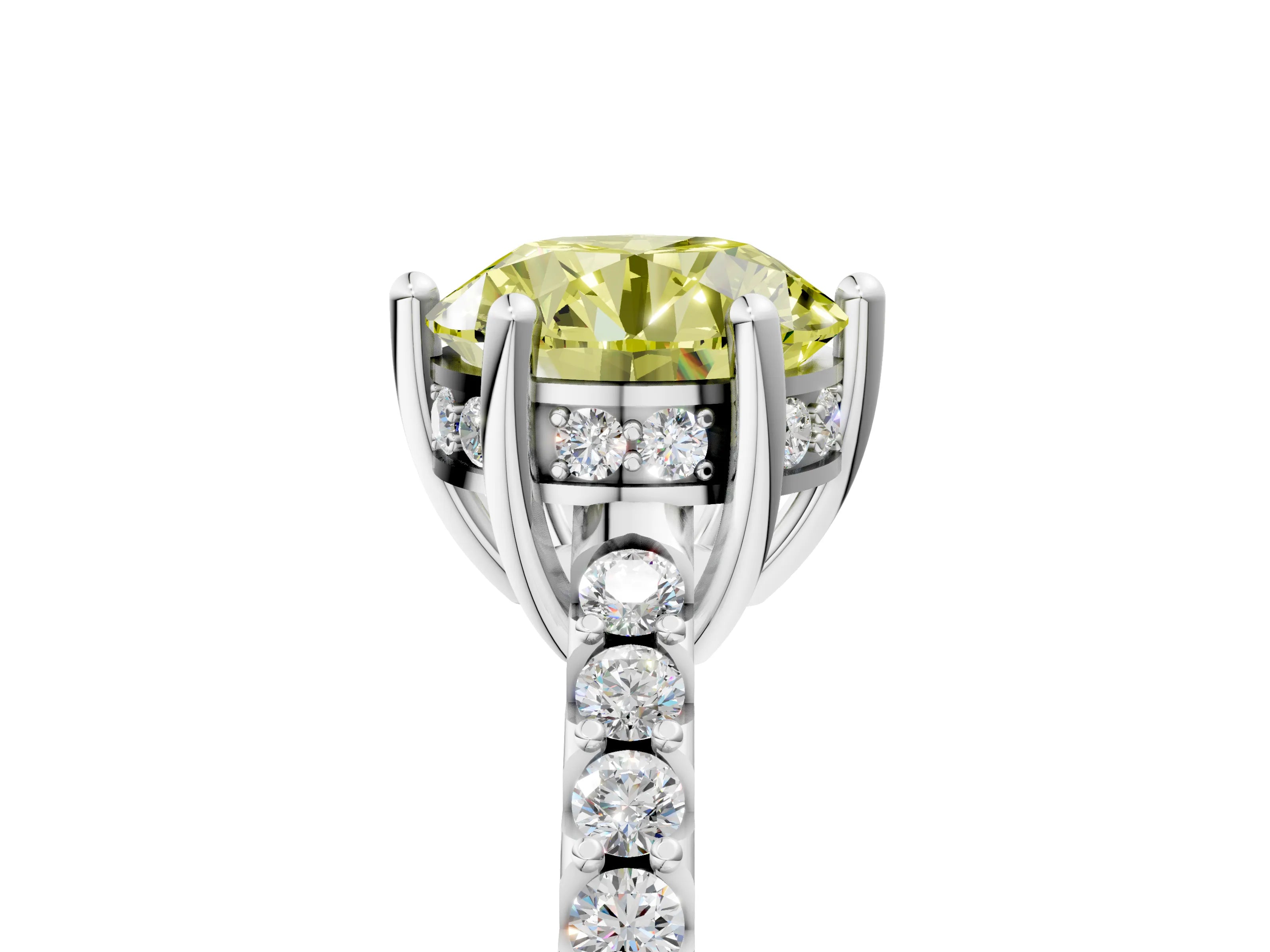 White gold Fancy Yellow Round Cut Solitaire Diamond Engagement Ring with Pavé Band and Six-Prong Setting_5