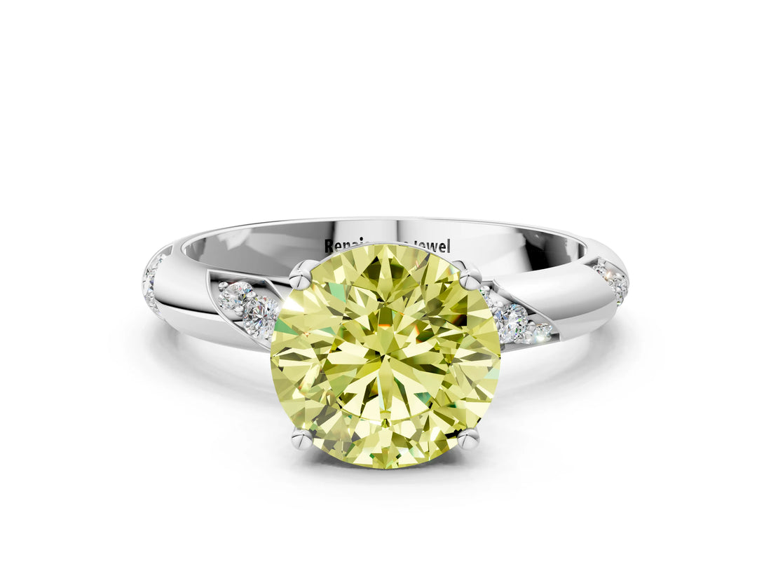 White gold Fancy Yellow Round Cut Solitaire Diamond Engagement Ring with Twisted Pave Band and Four-Prong Setting_19