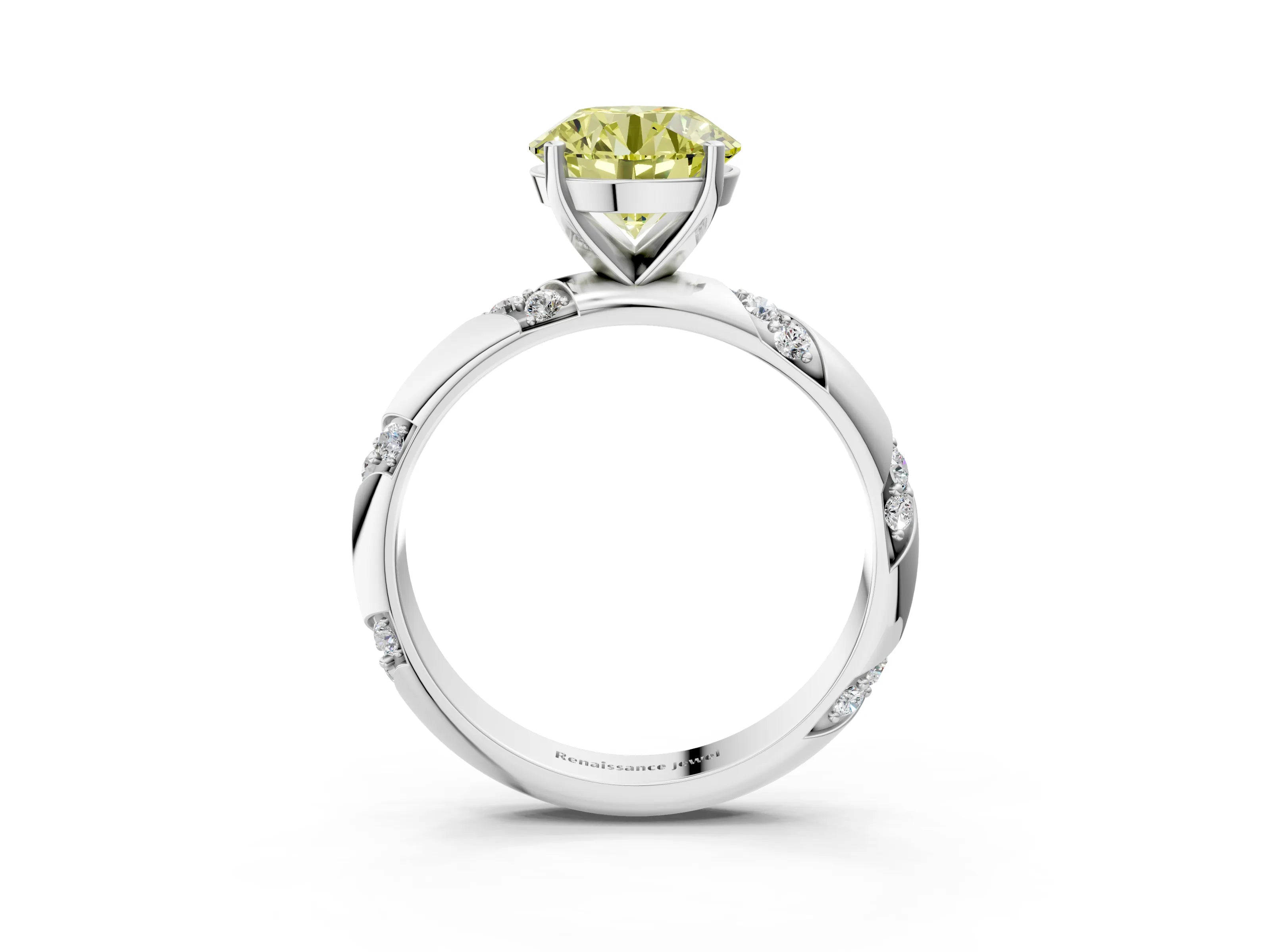White gold Fancy Yellow Round Cut Solitaire Diamond Engagement Ring with Twisted Pave Band and Four-Prong Setting_22