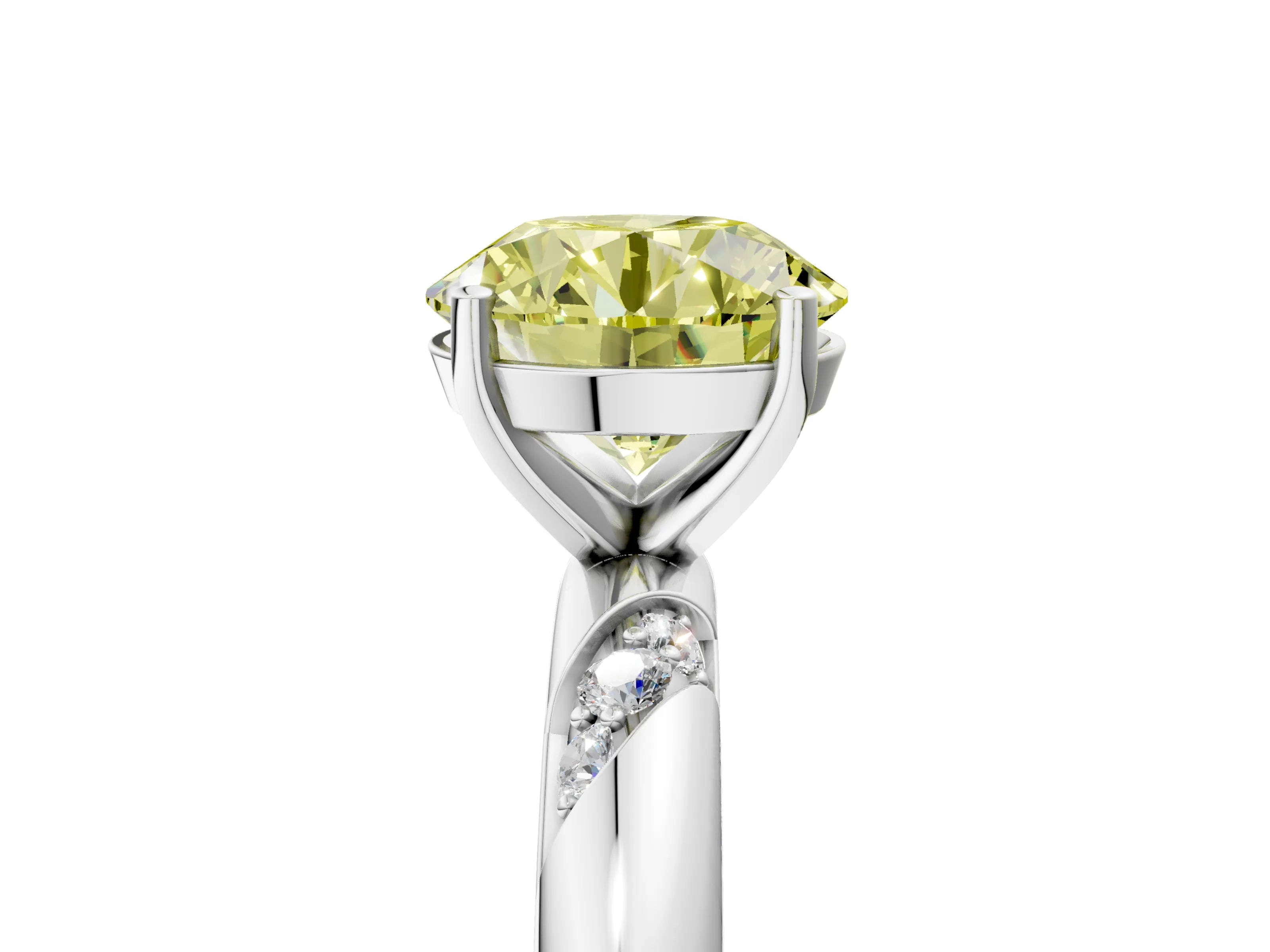 White gold Fancy Yellow Round Cut Solitaire Diamond Engagement Ring with Twisted Pave Band and Four-Prong Setting_24