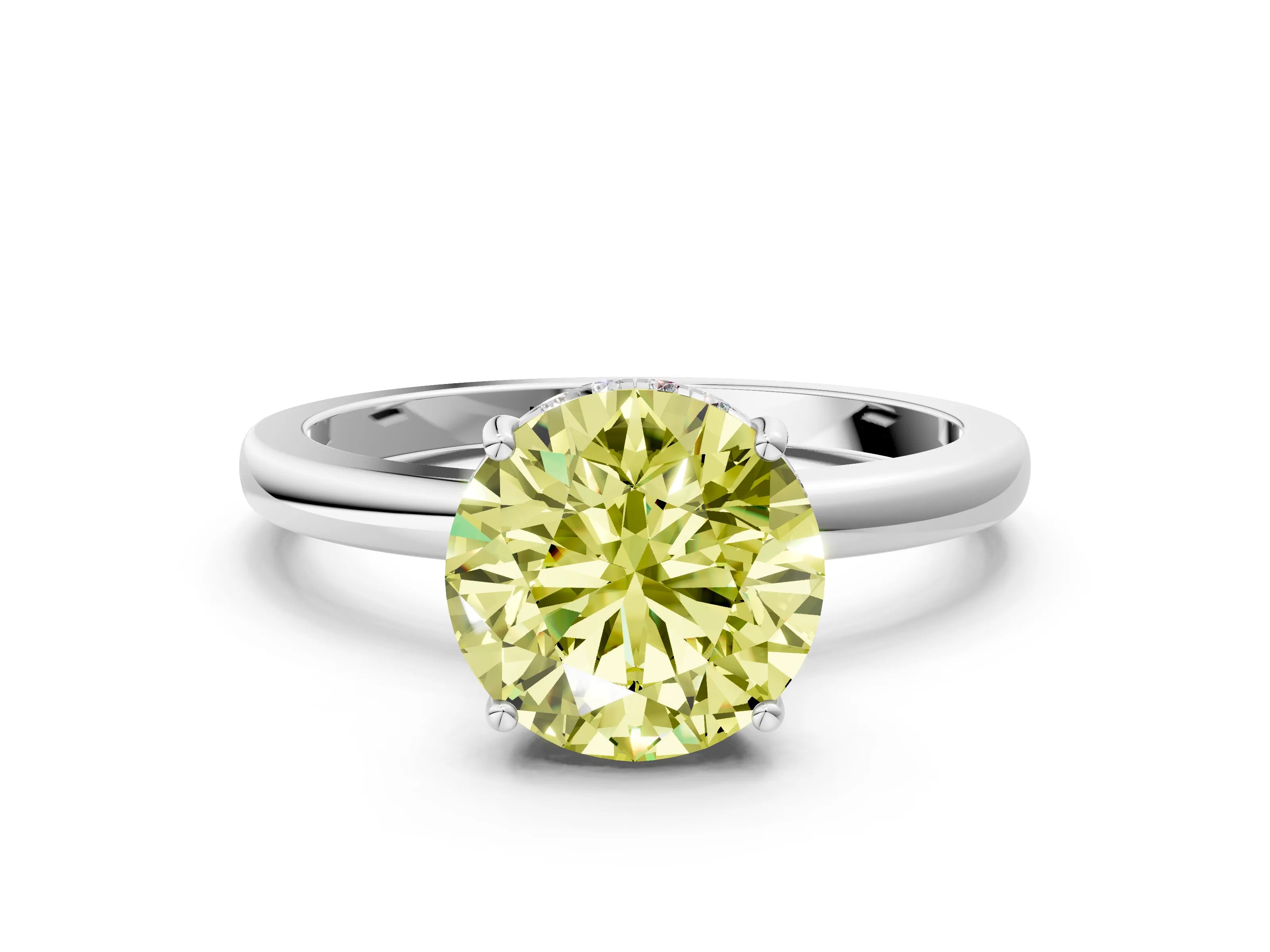 White gold Fancy Yellow Round Cut Solitaire Diamond Ring with Prong Setting and Plain Band_12
