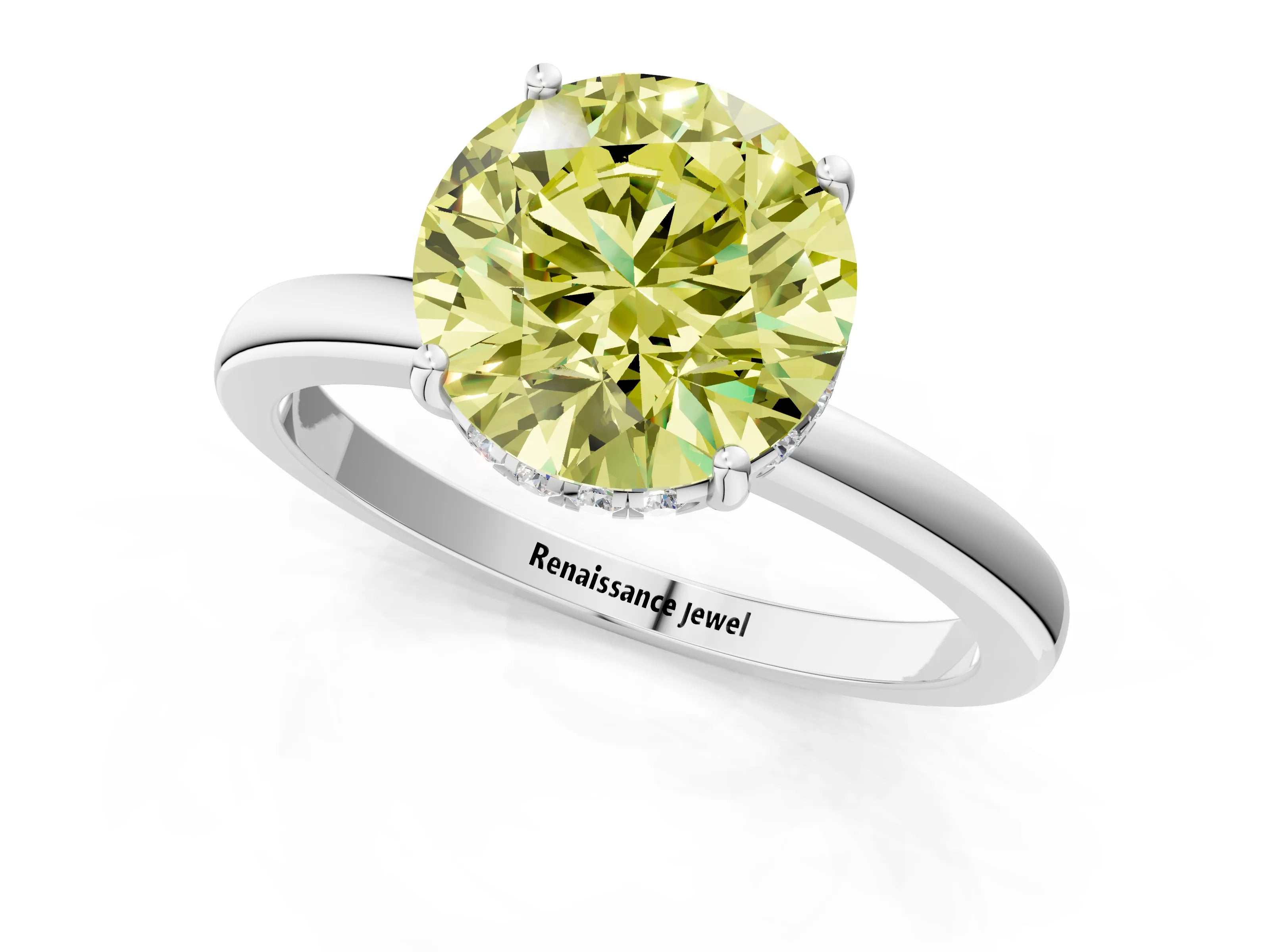 White gold Fancy Yellow Round Cut Solitaire Diamond Ring with Prong Setting and Plain Band_13