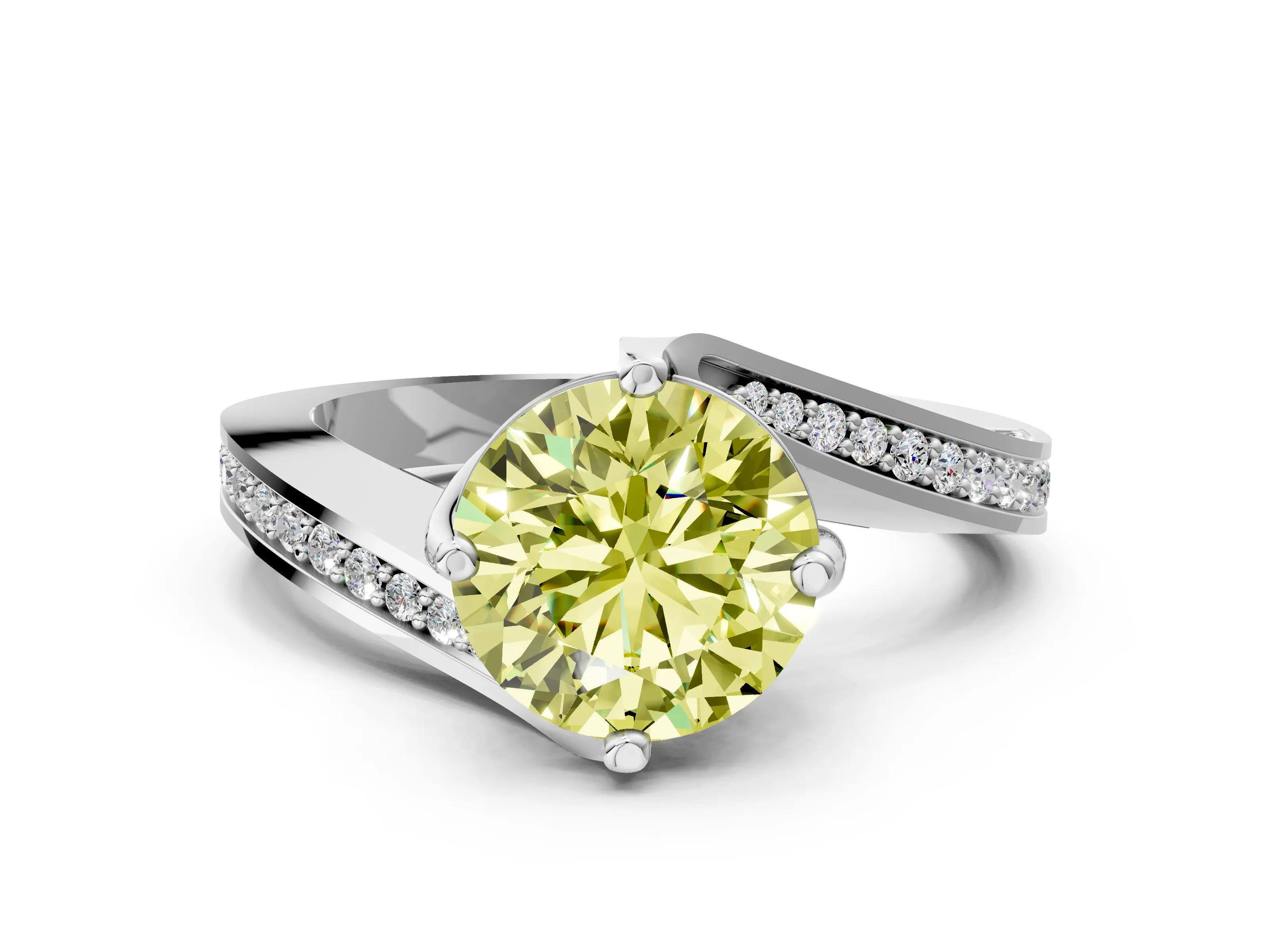 White gold Fancy Yellow Round Cut Solitaire Diamond Twist Band with Pavé Setting and Four-Prong Setting_12