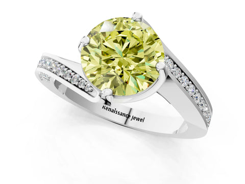 White gold Fancy Yellow Round Cut Solitaire Diamond Twist Band with Pavé Setting and Four-Prong Setting_13