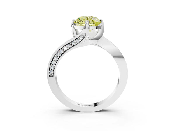 Platinum Fancy Yellow Round Cut Solitaire Diamond Twist Band with Pavé Setting and Four-Prong Setting