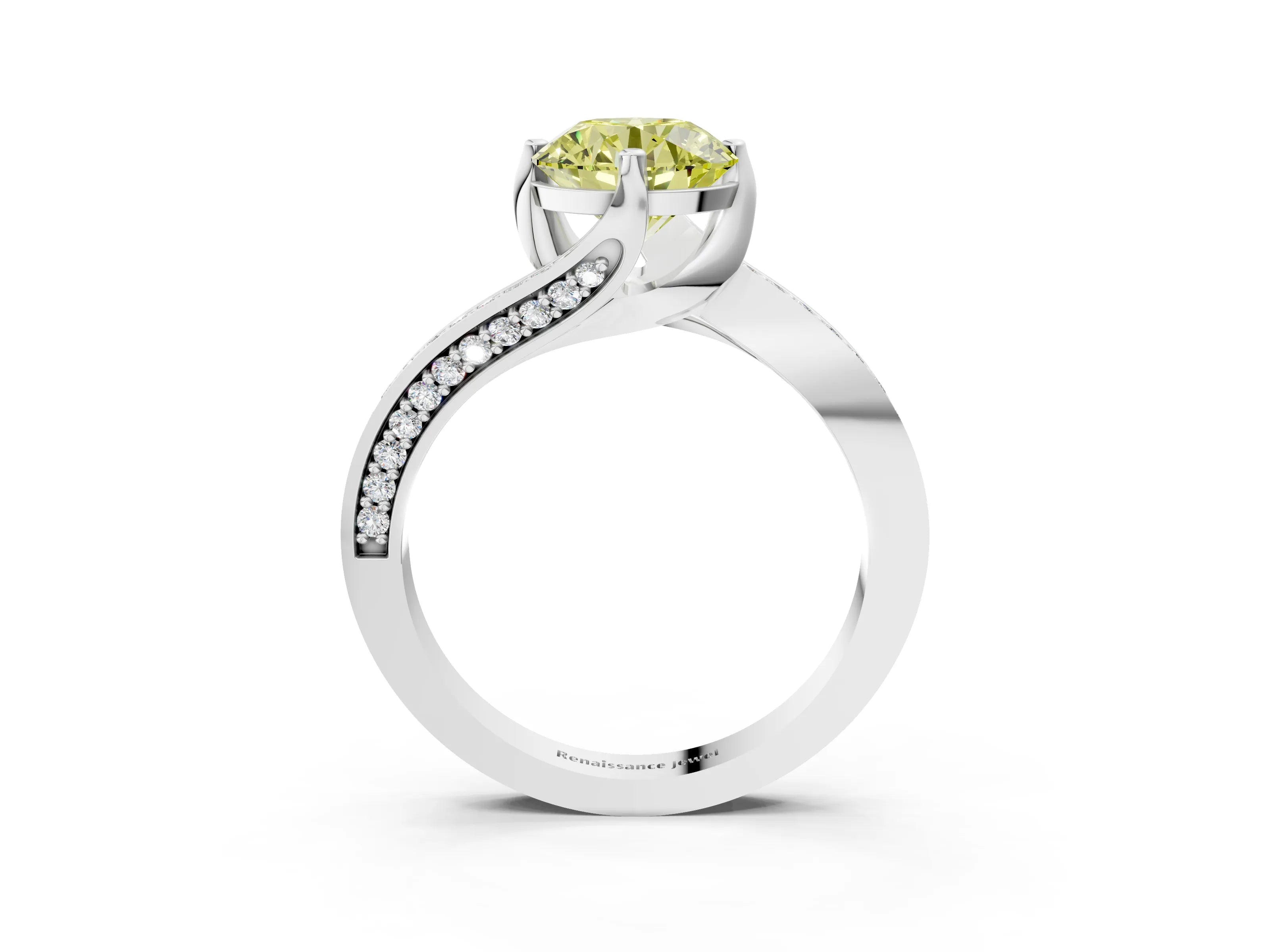 White gold Fancy Yellow Round Cut Solitaire Diamond Twist Band with Pavé Setting and Four-Prong Setting_15