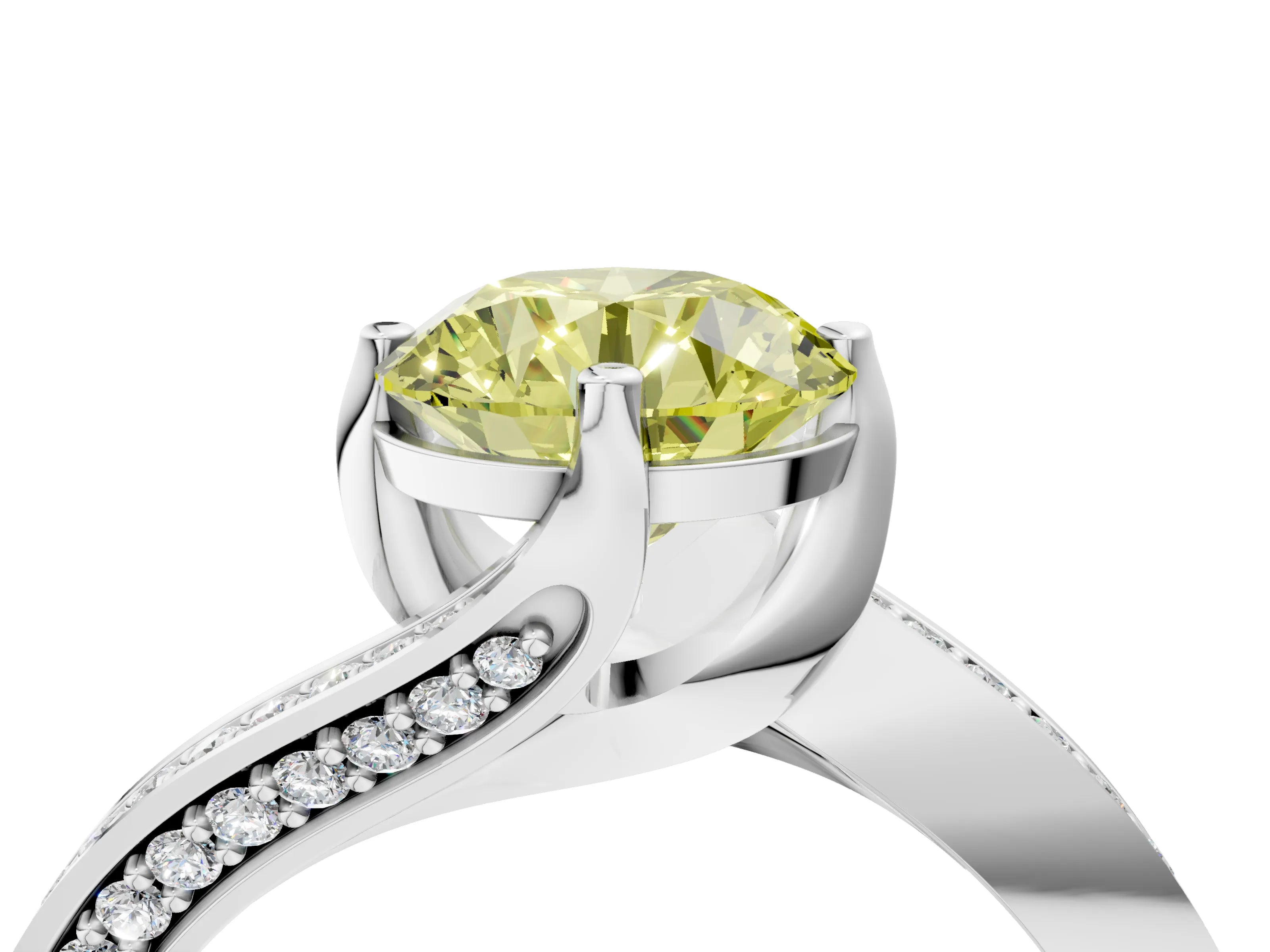 White gold Fancy Yellow Round Cut Solitaire Diamond Twist Band with Pavé Setting and Four-Prong Setting_16