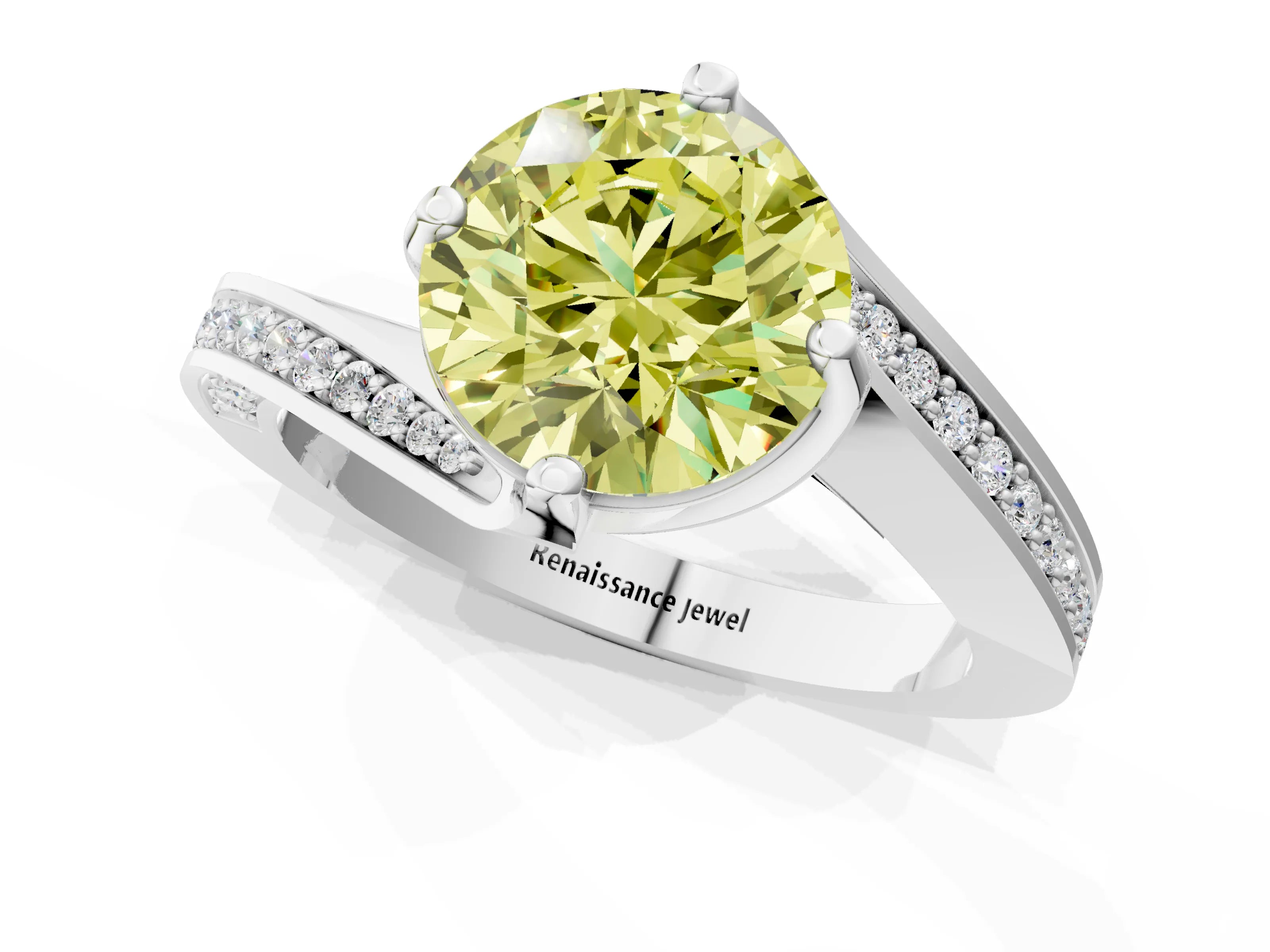 White gold Fancy Yellow Round Cut Solitaire Diamond Twist Band with Pavé Setting and Four-Prong Setting_1