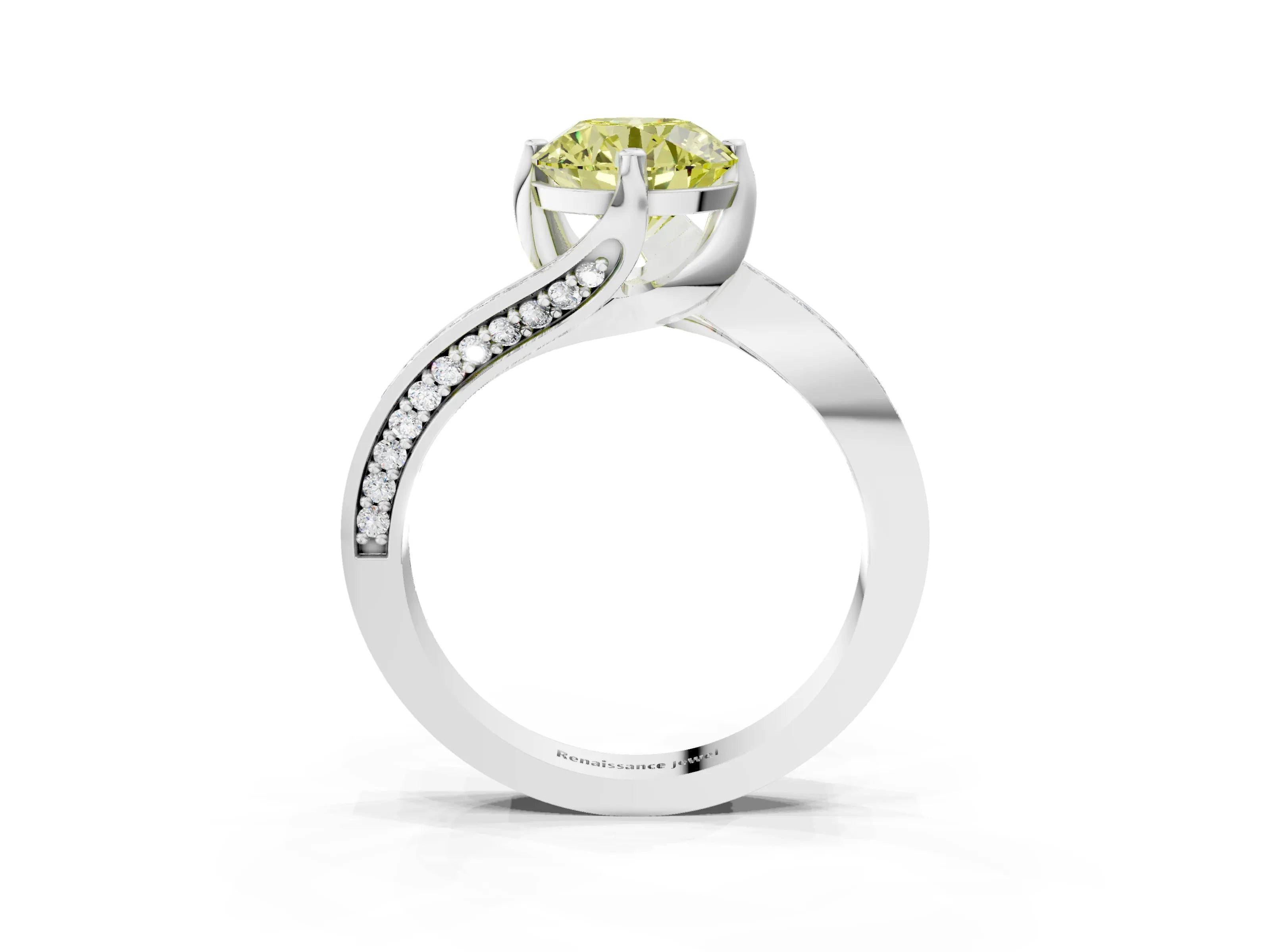 White gold Fancy Yellow Round Cut Solitaire Diamond Twist Band with Pavé Setting and Four-Prong Setting_3